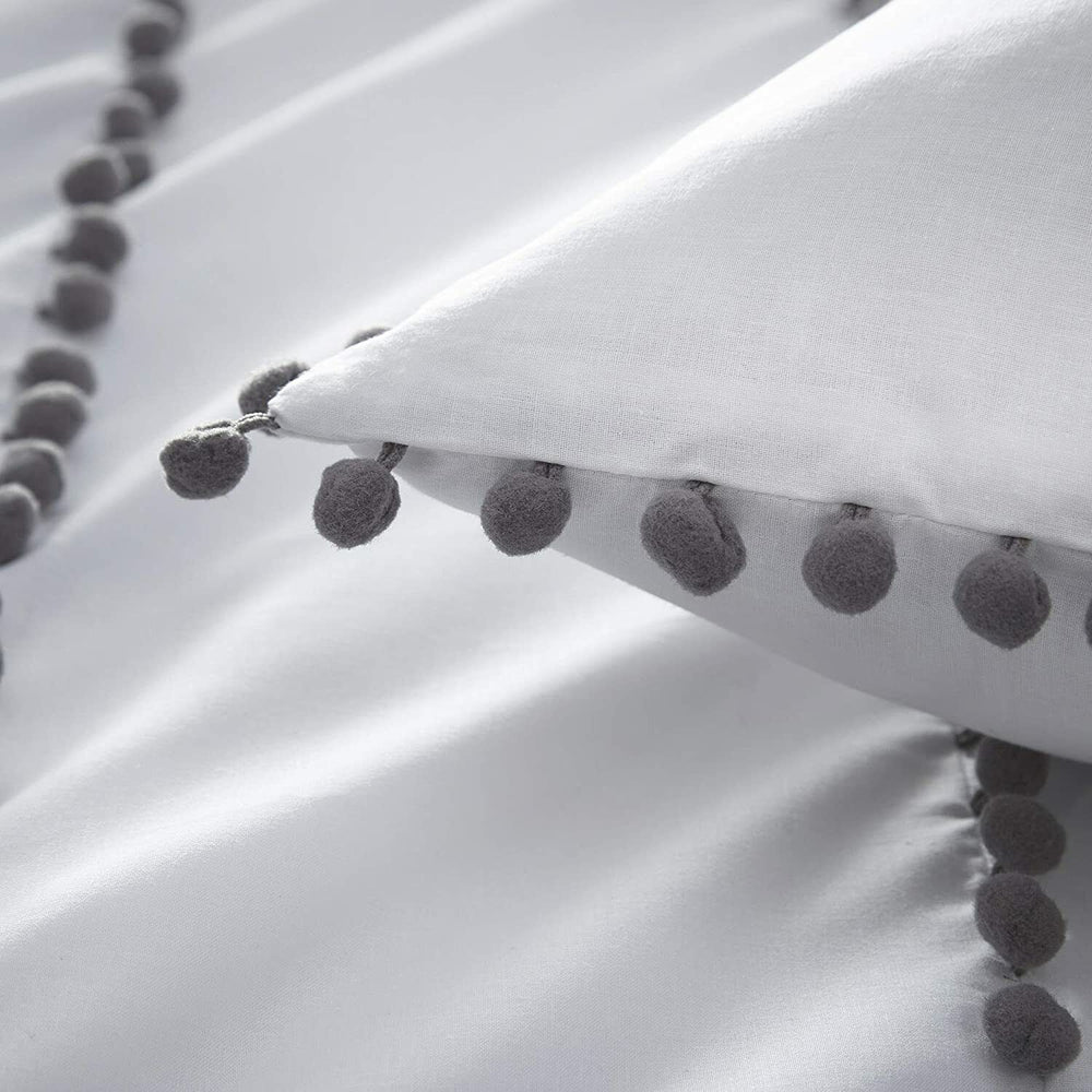 Luxury Cotton Satin Pom Fringe Duvet Cover Set-White With Grey Pom Pom - Aura Living