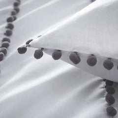 Luxury Cotton Satin Pom Fringe Duvet Cover Set-White With Grey Pom Pom - Aura Living