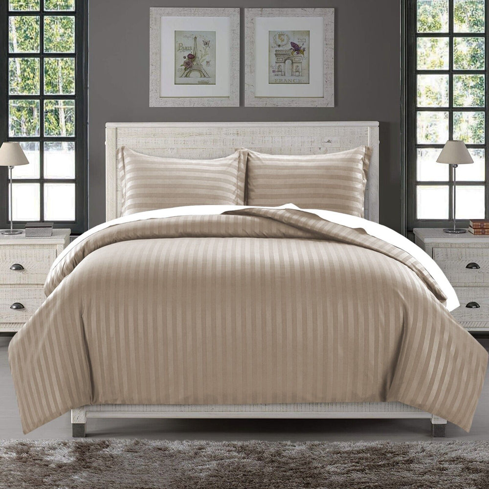 Luxury100% Egyptian Cotton Satin Stripe Duvet Cover Sets Beige - Aura Living