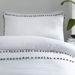 Luxury Cotton Satin Pom Fringe Duvet Cover Set-White With Grey Pom Pom - Aura Living