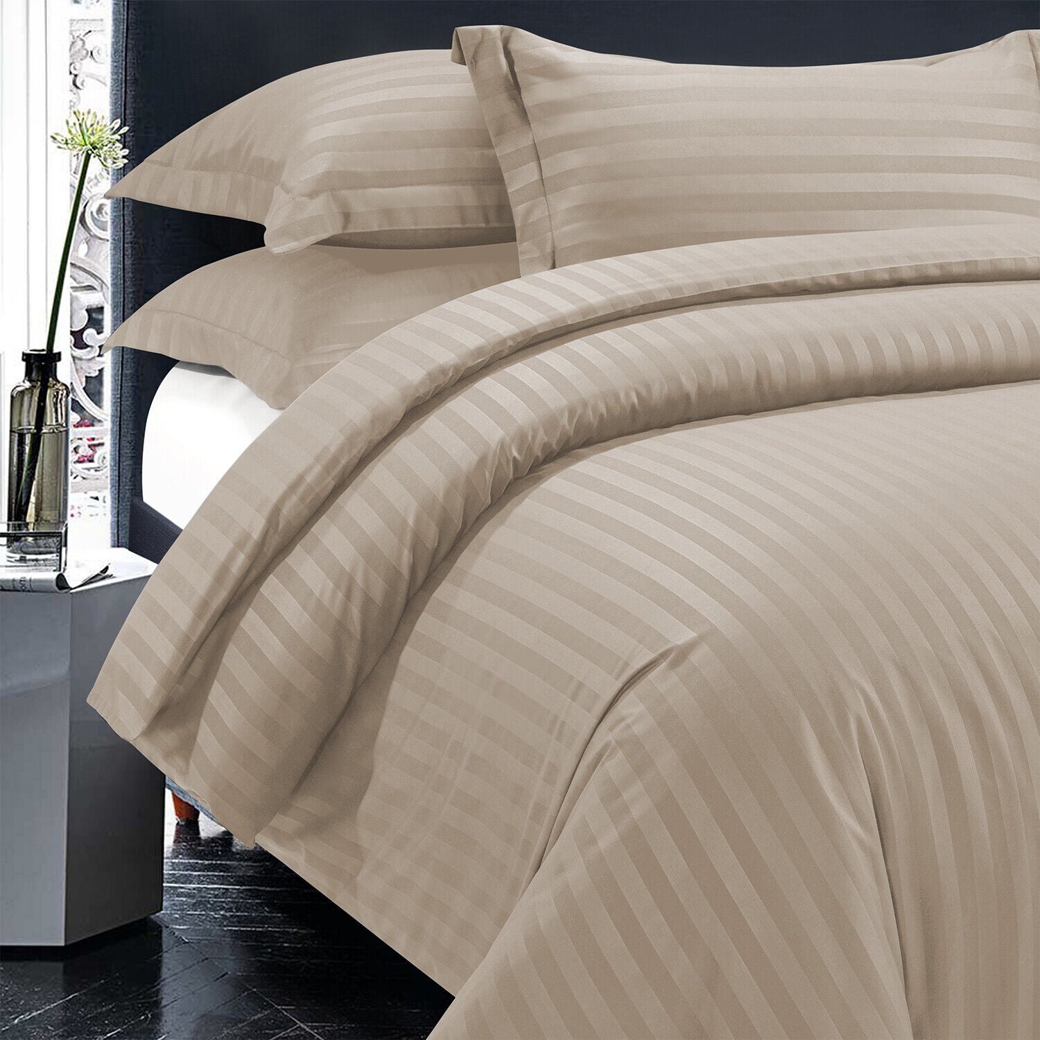 Luxury100% Egyptian Cotton Satin Stripe Duvet Cover Sets Beige - Aura Living