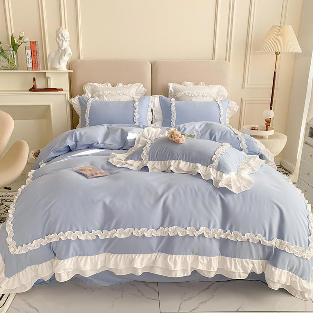 Luxury Cotton Frilled Duvet Set - Light Blue - Aura Living