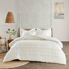 Luxury Cotton Satin Pom Fringe Duvet Cover Set- White And White - Aura Living