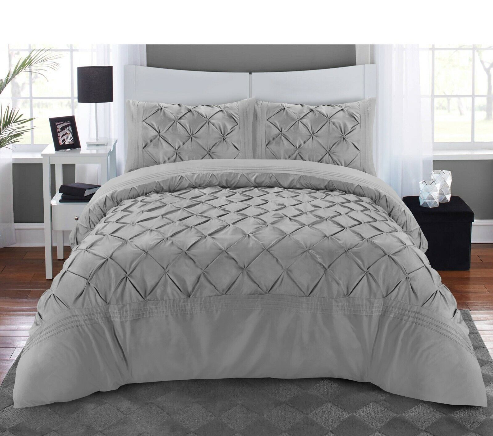 Luxury Satin Pintuck Duvet Cover Set - Silver - Aura Living