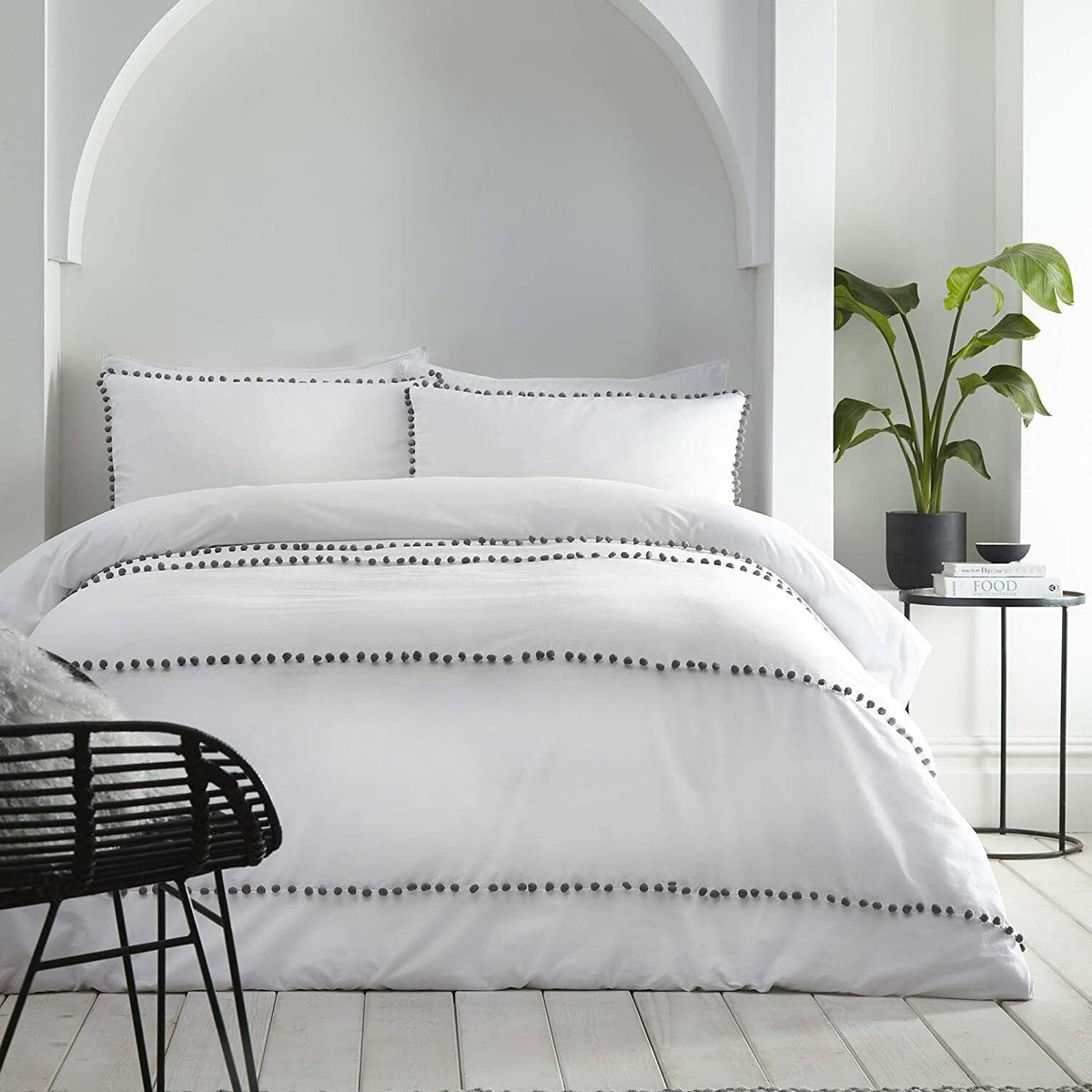 Luxury Cotton Satin Pom Fringe Duvet Cover Set-White With Grey Pom Pom - Aura Living