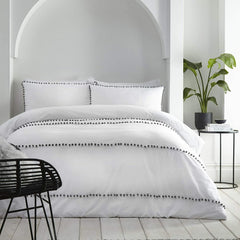 Luxury Cotton Satin Pom Fringe Duvet Cover Set-White With Grey Pom Pom - Aura Living