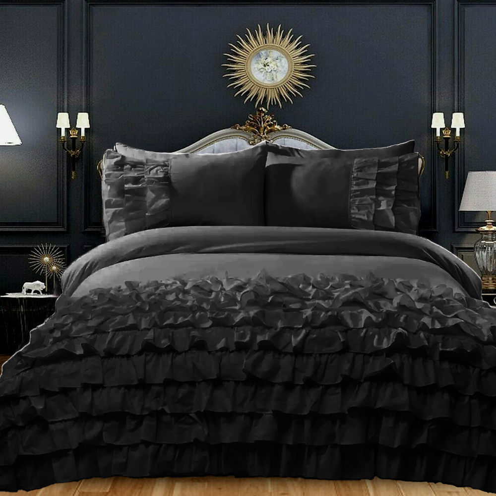 Luxury Cotton Frilled Duvet Set -Charcoal - Aura Living