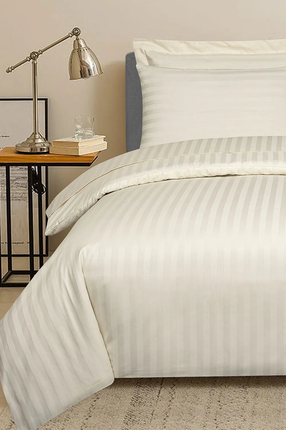 Luxury100% Egyptian Cotton Satin Stripe Duvet Cover Sets Creem - Aura Living