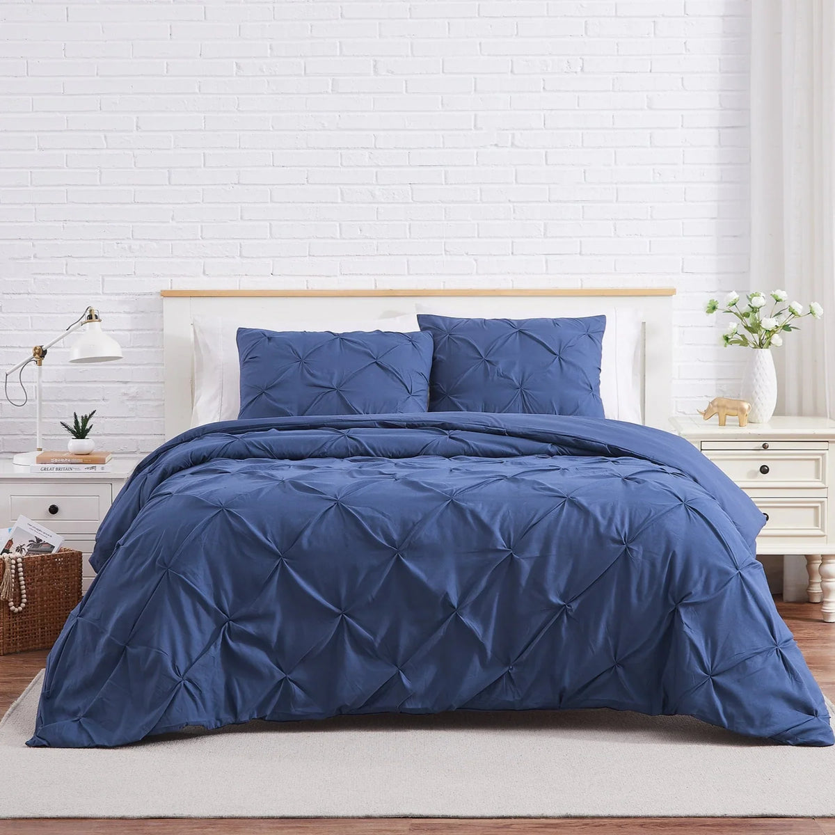 Luxury Cotton Satin Pintuck Duvet Cover Set - Dark Blue - Aura Living
