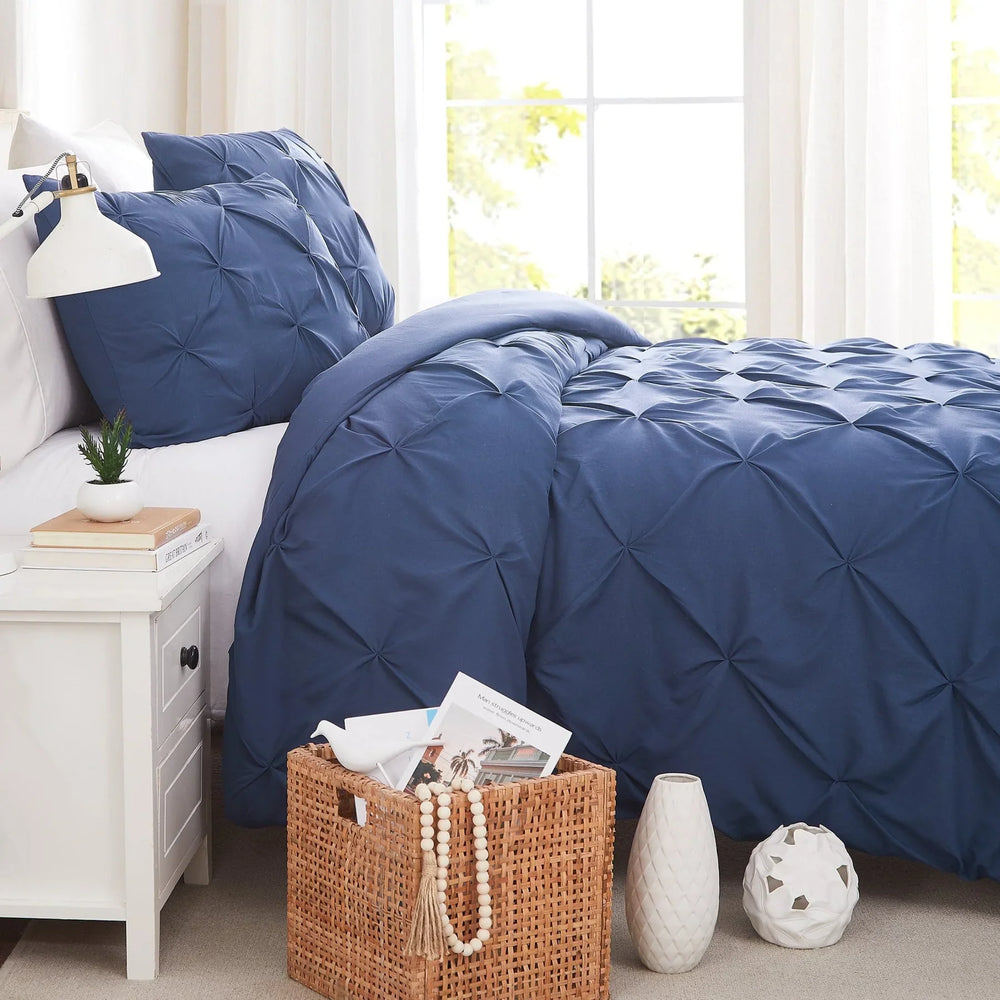 Luxury Cotton Satin Pintuck Duvet Cover Set - Dark Blue - Aura Living