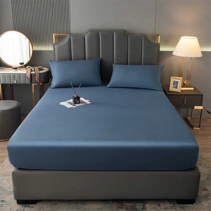 Luxury Egyptian Cotton Satin Fitted Sheet Set - Medium Blue - Aura living